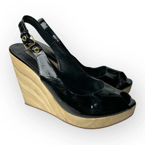 Miu Miu Black Patent Leather  Peep Toe Slingback Wooden Wedge Heel 39 - Picture 3 of 14